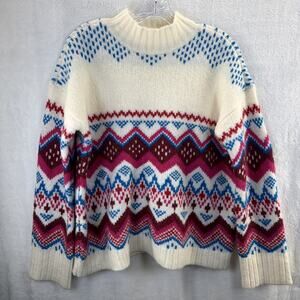 LOFT Whisper White Fair Isle Wide Sleeve Mock Neck Sweater Medium Pink Blue Wool